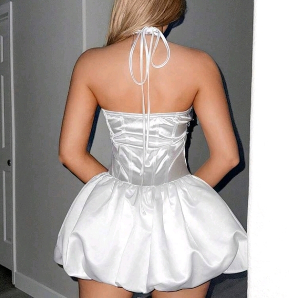 Y2k White Sexy Sequin Patchwork Shiny Fabric Bubble Hem Halter Mini Dress - Picture 2 of 4